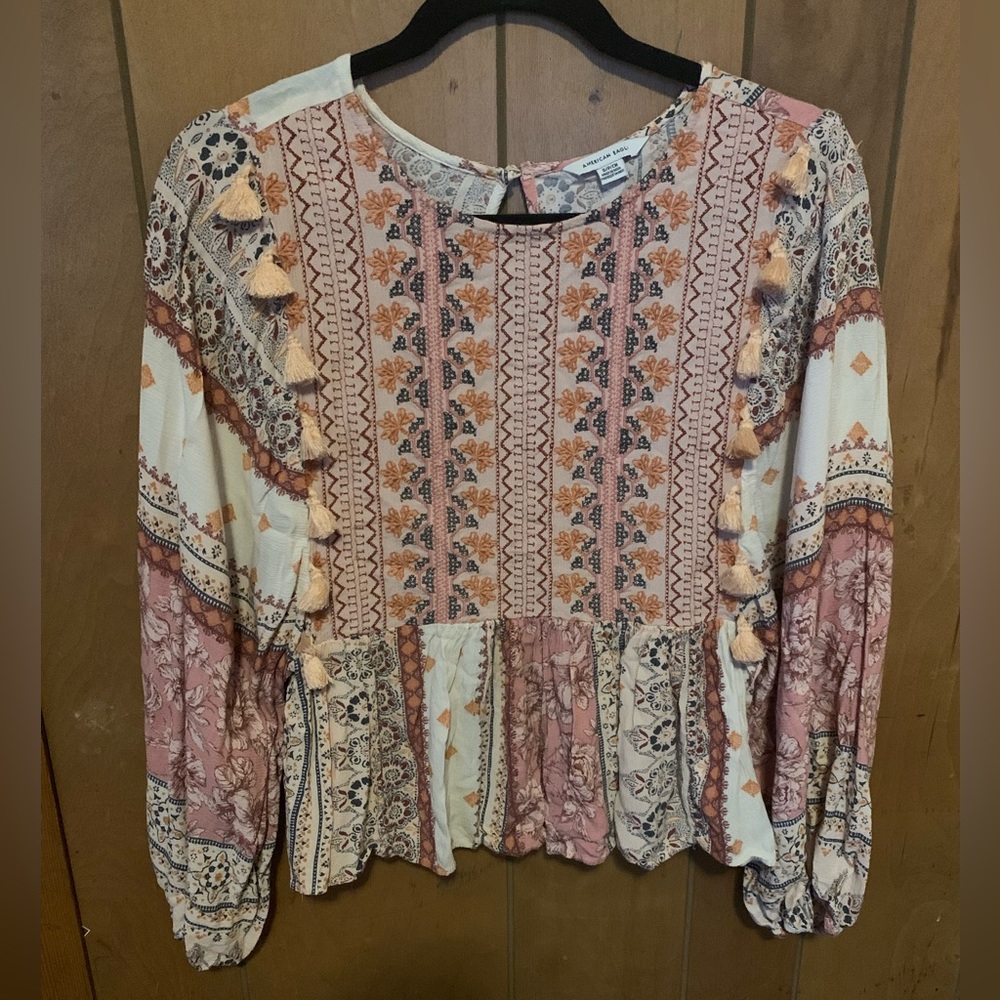 American Eagle Boho Pink & Orange Long Sleeve Top